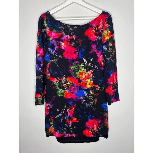 Milly Monet Jewel Floral Printed A Line Long Sleeve Black Multicolor Dress 12 - Picture 2 of 13